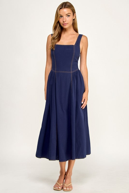 D5763 Vintage Gingham Tie Shoulder Midi Dress