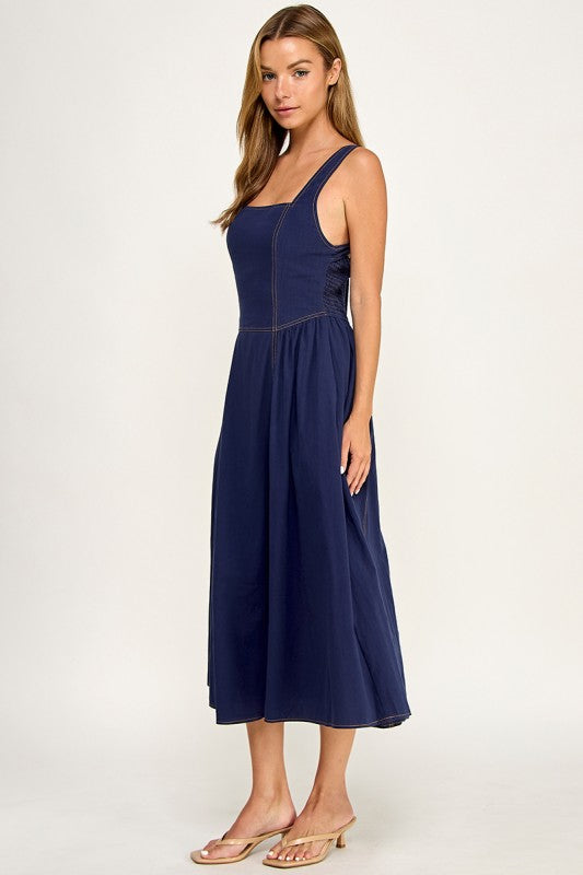 D5763 Vintage Gingham Tie Shoulder Midi Dress
