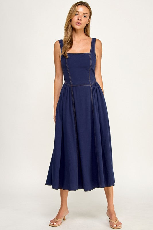 D5763 Vintage Gingham Tie Shoulder Midi Dress