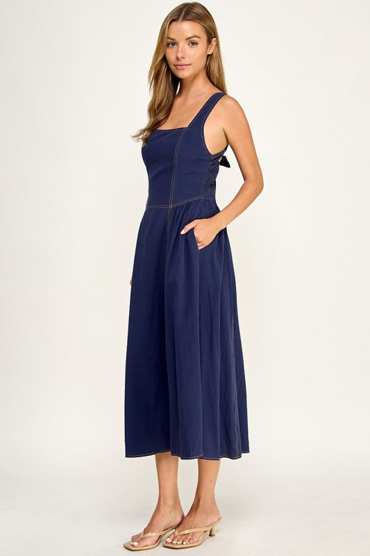 D5763 Vintage Gingham Tie Shoulder Midi Dress