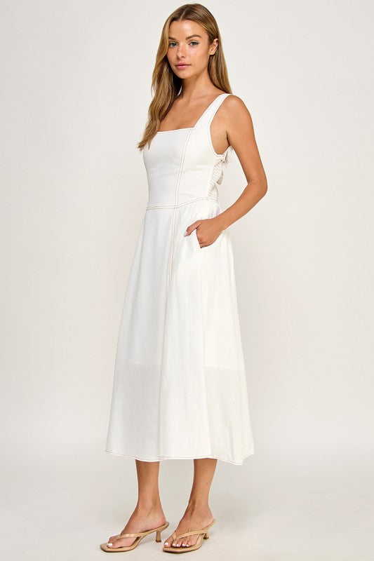 D5763 Vintage Gingham Tie Shoulder Midi Dress