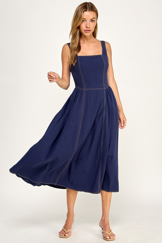 D5763 Vintage Gingham Tie Shoulder Midi Dress