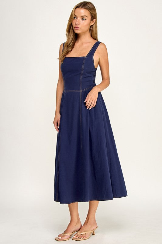 D5763 Vintage Gingham Tie Shoulder Midi Dress