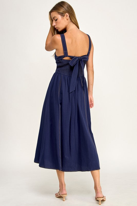 D5763 Vintage Gingham Tie Shoulder Midi Dress