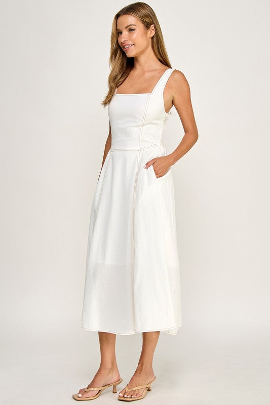 D5763 Vintage Gingham Tie Shoulder Midi Dress