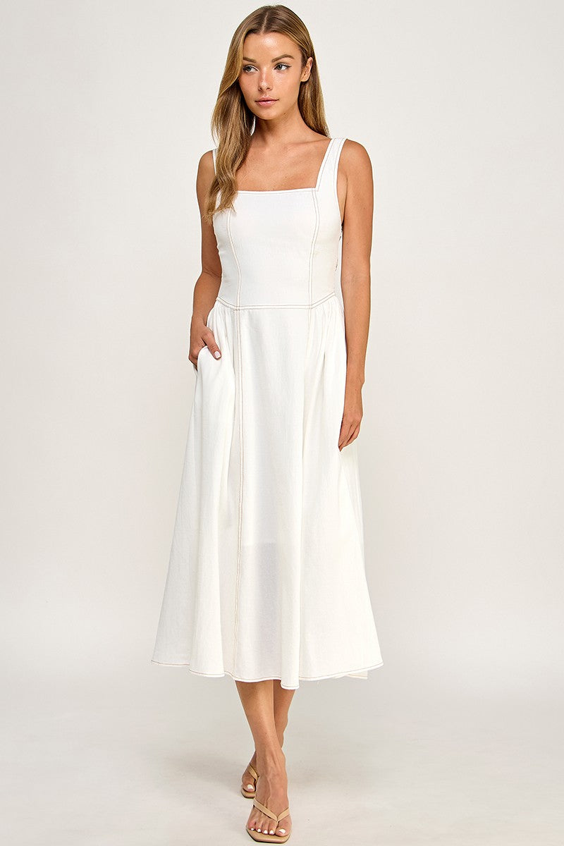 D5763 Vintage Gingham Tie Shoulder Midi Dress