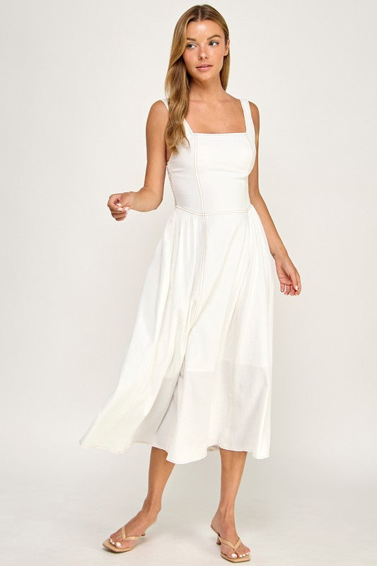 D5763 Vintage Gingham Tie Shoulder Midi Dress
