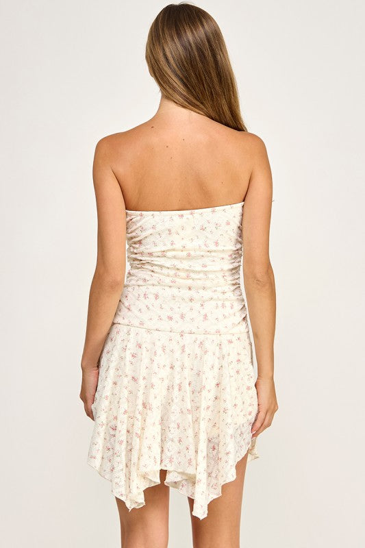 D5769 Floral Strapless Asymmetric Tie Front Mini Dress