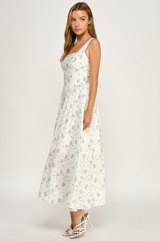 D5784-2 Floral Square Neck Vampire Waist Midi Dress