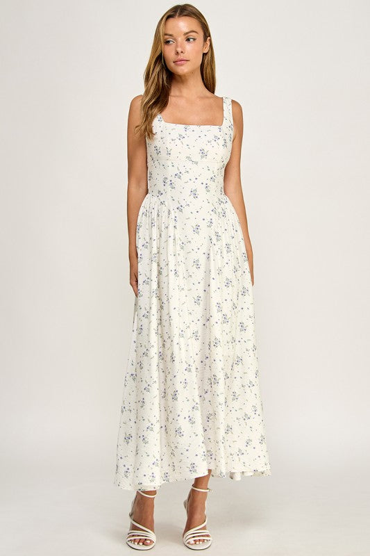 D5784-2 Floral Square Neck Vampire Waist Midi Dress