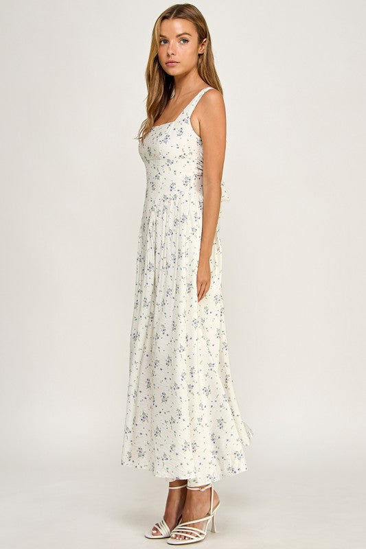 D5784-2 Floral Square Neck Vampire Waist Midi Dress