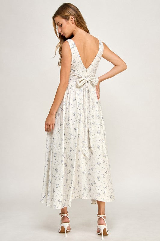 D5784-2 Floral Square Neck Vampire Waist Midi Dress