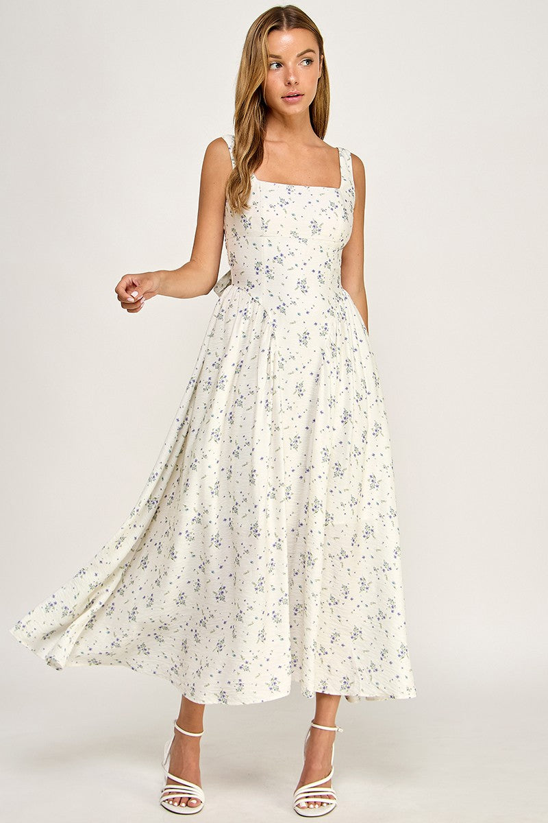 D5784-2 Floral Square Neck Vampire Waist Midi Dress