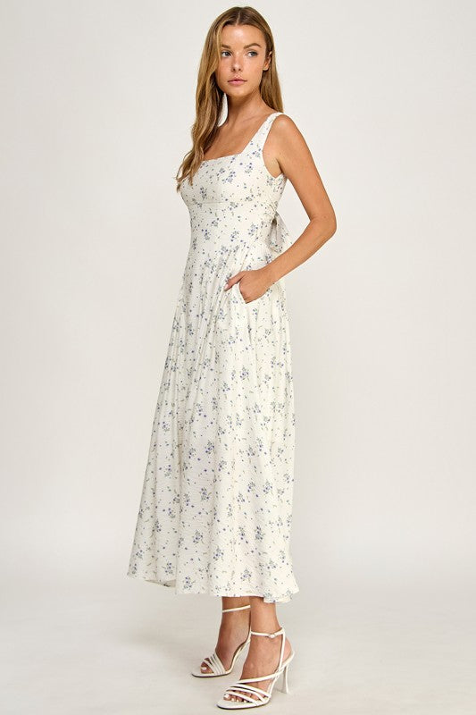 D5784-2 Floral Square Neck Vampire Waist Midi Dress