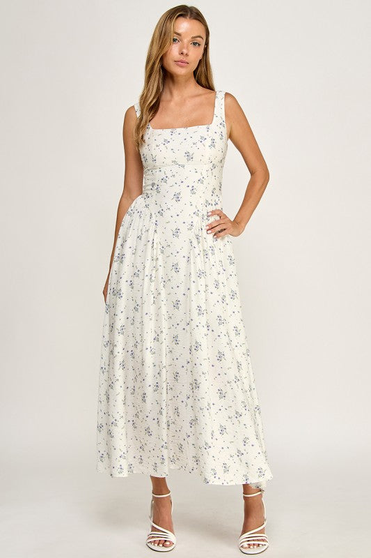 D5784-2 Floral Square Neck Vampire Waist Midi Dress
