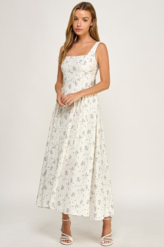 D5784-2 Floral Square Neck Vampire Waist Midi Dress