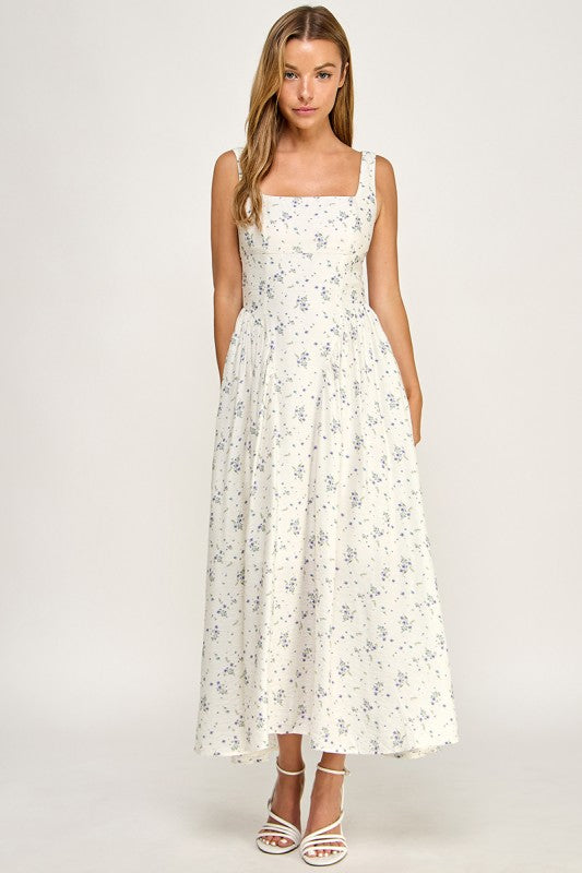 D5784-2 Floral Square Neck Vampire Waist Midi Dress