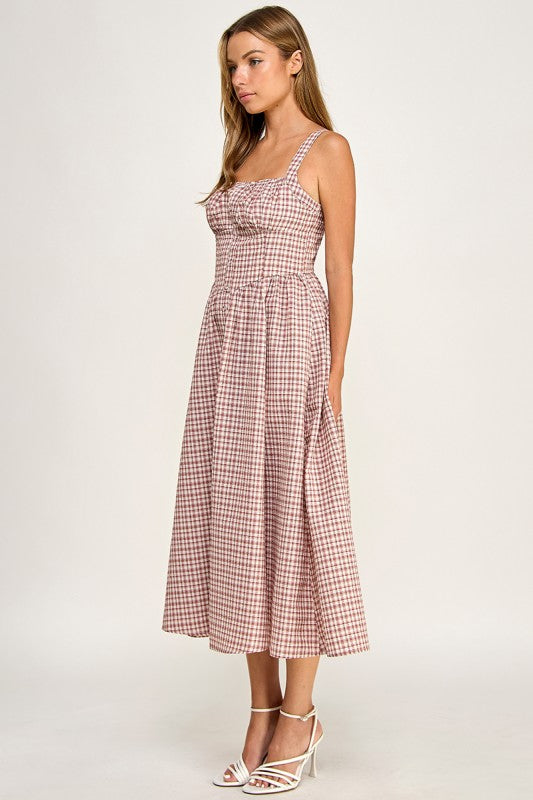 D5796 Gingham Button-Front Fit & Flare Midi Dress