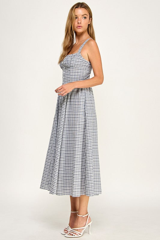 D5796 Gingham Button-Front Fit & Flare Midi Dress