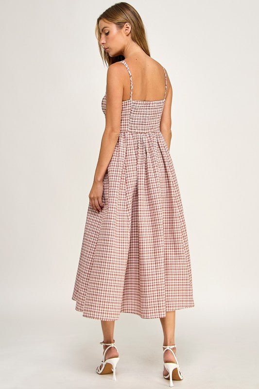 D5796 Gingham Button-Front Fit & Flare Midi Dress