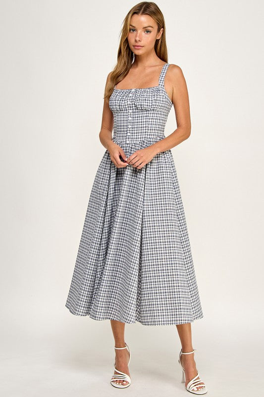 D5796 Gingham Button-Front Fit & Flare Midi Dress