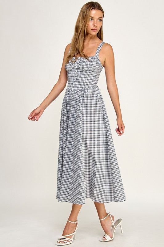 D5796 Gingham Button-Front Fit & Flare Midi Dress