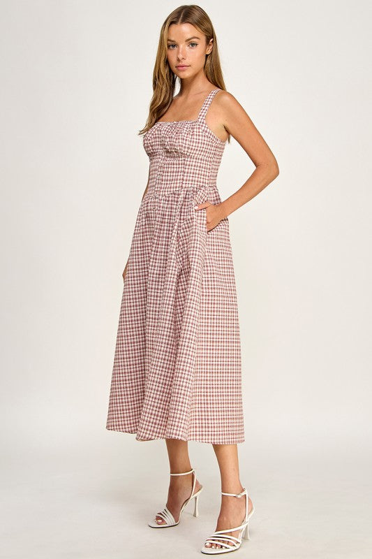 D5796 Gingham Button-Front Fit & Flare Midi Dress