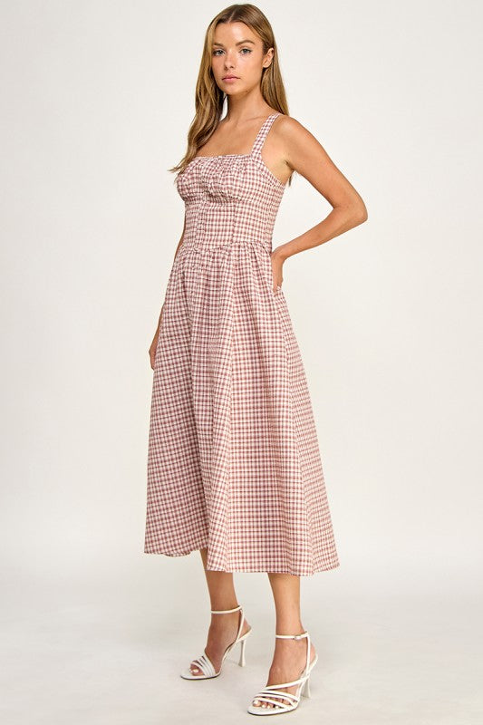 D5796 Gingham Button-Front Fit & Flare Midi Dress