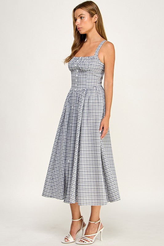 D5796 Gingham Button-Front Fit & Flare Midi Dress