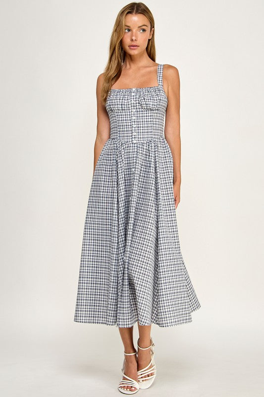 D5796 Gingham Button-Front Fit & Flare Midi Dress