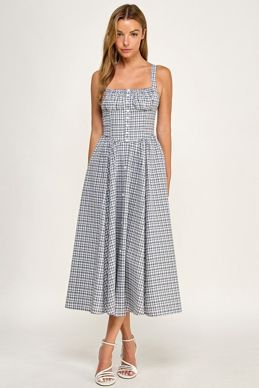 D5796 Gingham Button-Front Fit & Flare Midi Dress