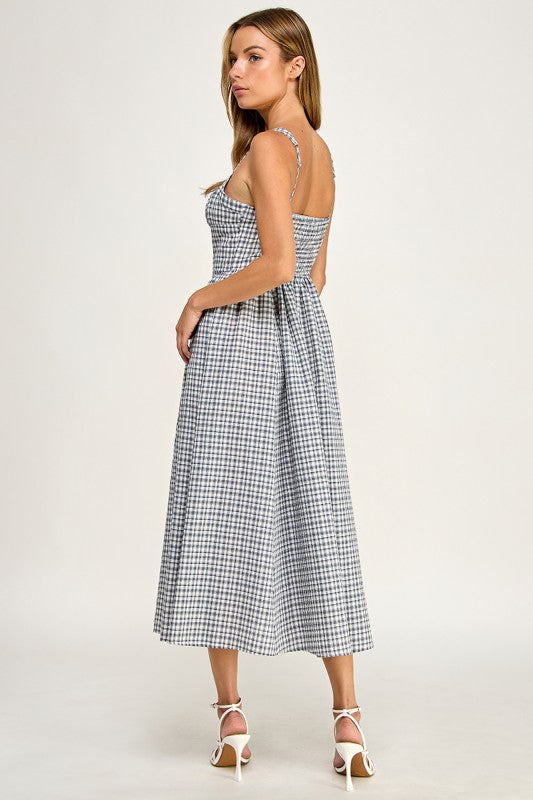 D5796 Gingham Button-Front Fit & Flare Midi Dress