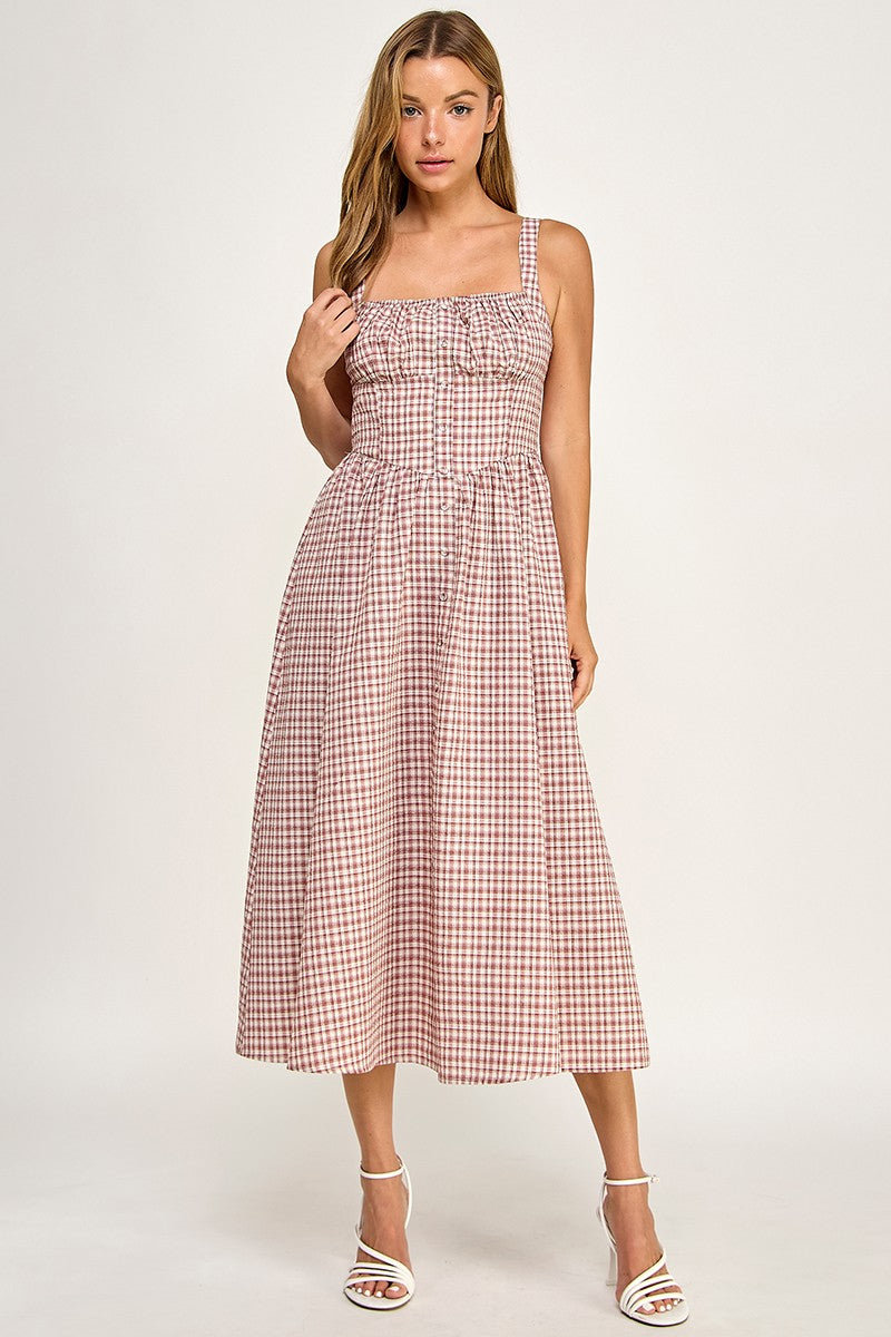 D5796 Gingham Button-Front Fit & Flare Midi Dress