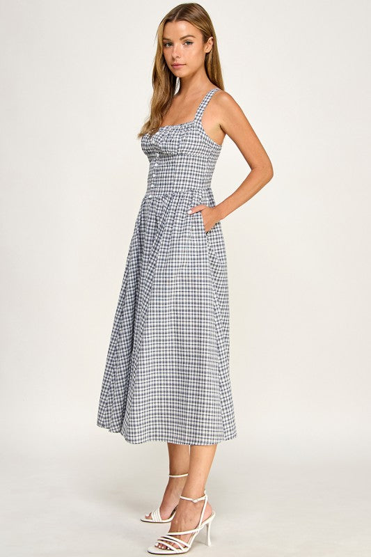 D5796 Gingham Button-Front Fit & Flare Midi Dress