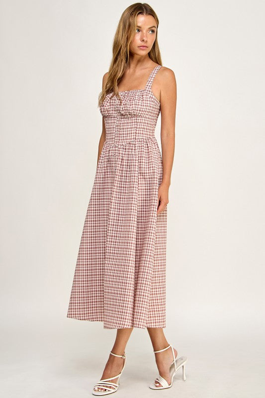 D5796 Gingham Button-Front Fit & Flare Midi Dress
