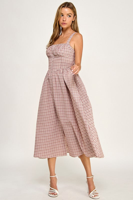 D5796 Gingham Button-Front Fit & Flare Midi Dress