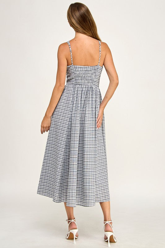 D5796 Gingham Button-Front Fit & Flare Midi Dress