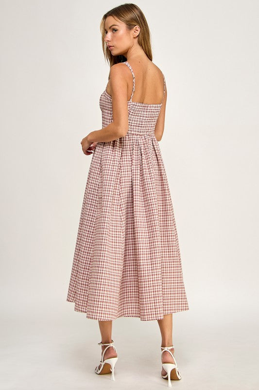 D5796 Gingham Button-Front Fit & Flare Midi Dress