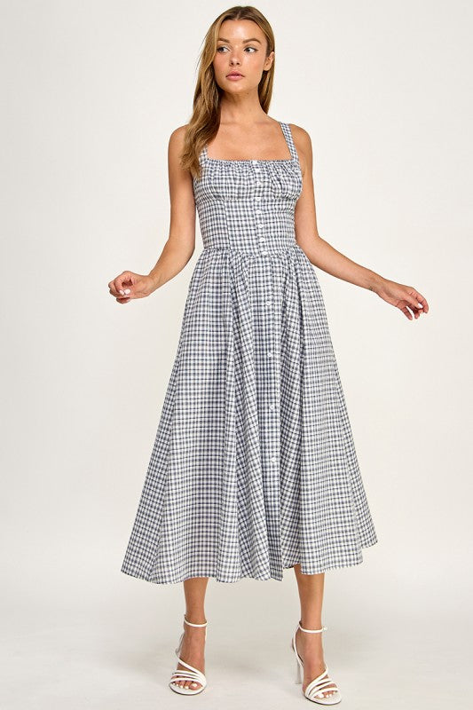 D5796 Gingham Button-Front Fit & Flare Midi Dress