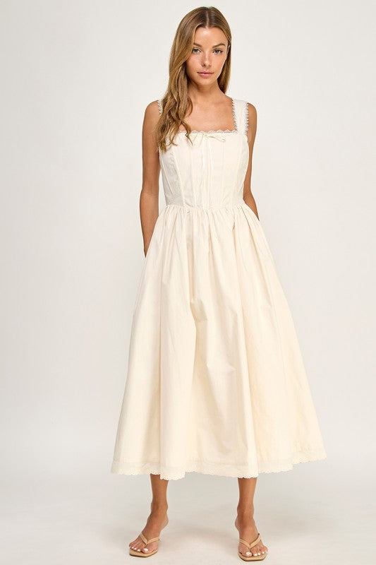 D5814S Lace Trim Corset Bodice Midi Dress