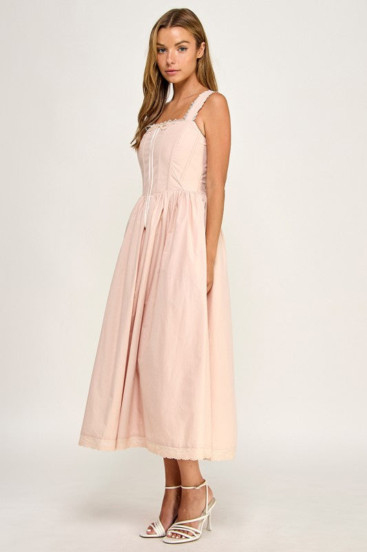 D5814S Lace Trim Corset Bodice Midi Dress