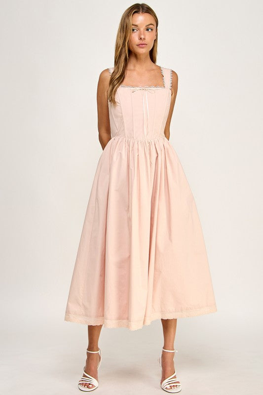 D5814S Lace Trim Corset Bodice Midi Dress