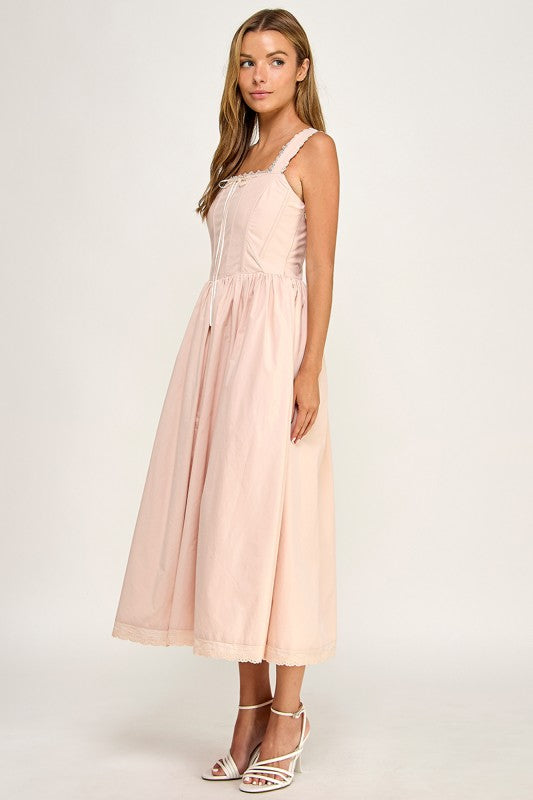 D5814S Lace Trim Corset Bodice Midi Dress