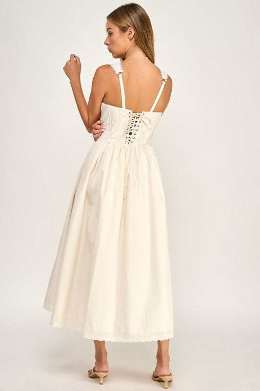 D5814S Lace Trim Corset Bodice Midi Dress