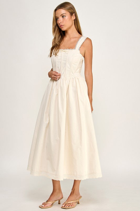 D5814S Lace Trim Corset Bodice Midi Dress