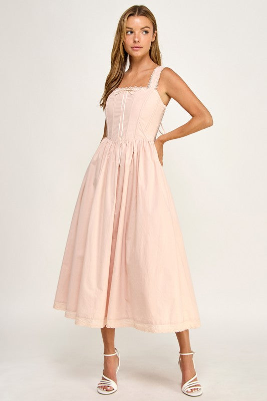 D5814S Lace Trim Corset Bodice Midi Dress
