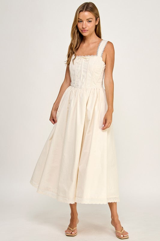 D5814S Lace Trim Corset Bodice Midi Dress
