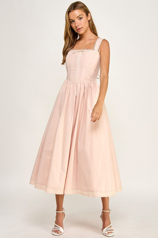 D5814S Lace Trim Corset Bodice Midi Dress