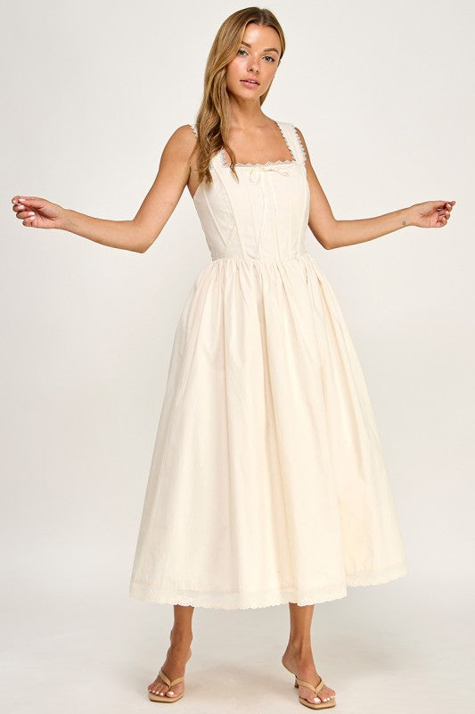 D5814S Lace Trim Corset Bodice Midi Dress