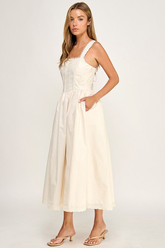 D5814S Lace Trim Corset Bodice Midi Dress